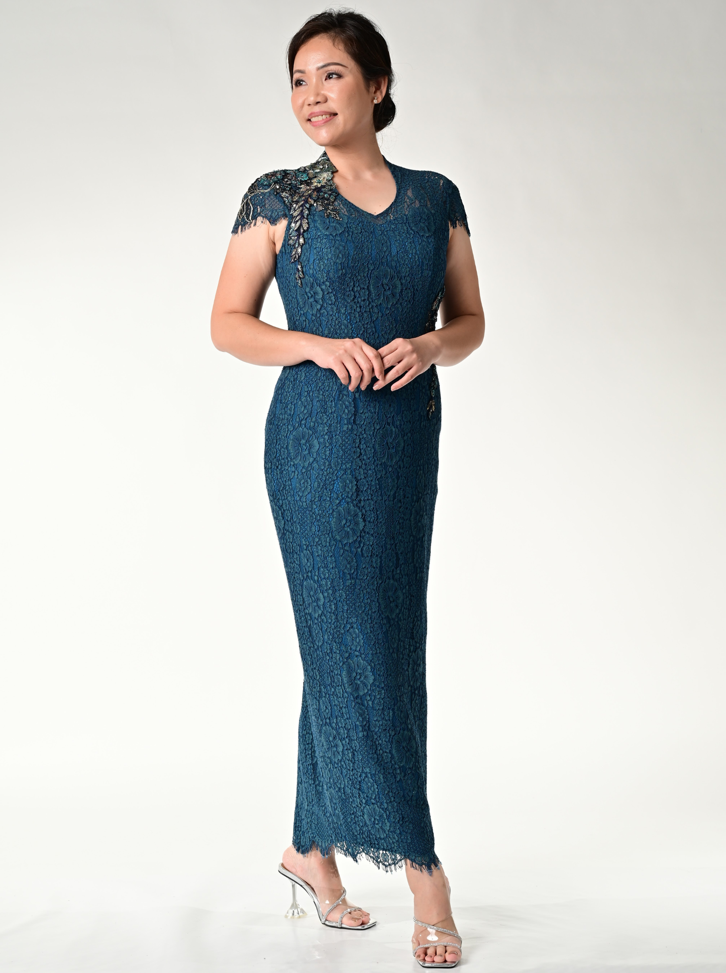 Teal Lace Queen Anne with Gold Applique Long Evening Gown