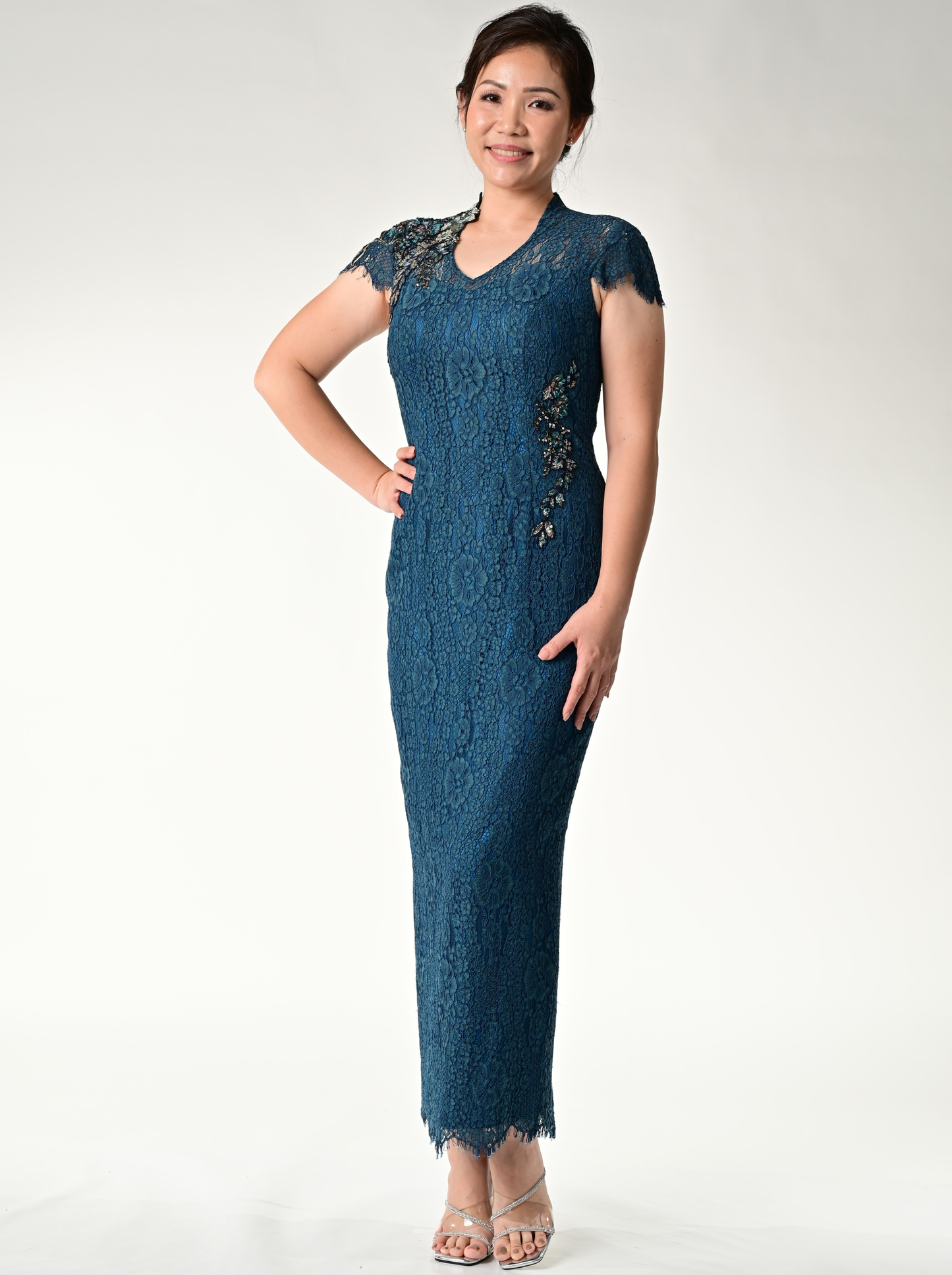 Teal Lace Queen Anne with Gold Applique Long Evening Gown
