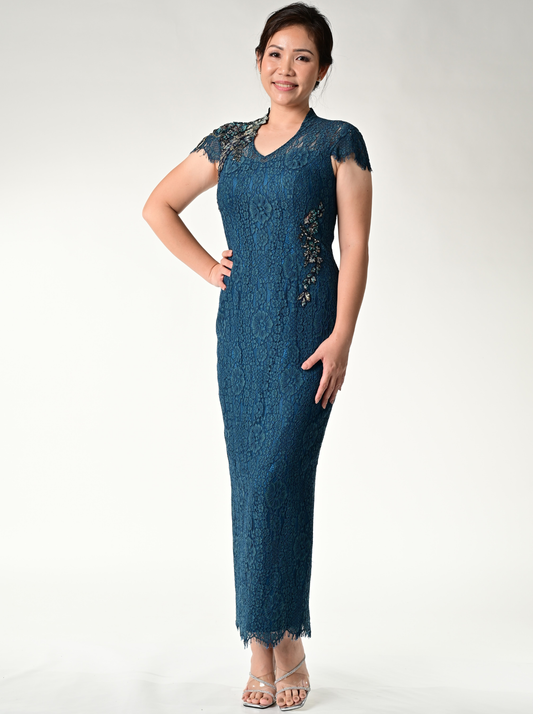 Teal Lace Queen Anne with Gold Applique Long Evening Gown
