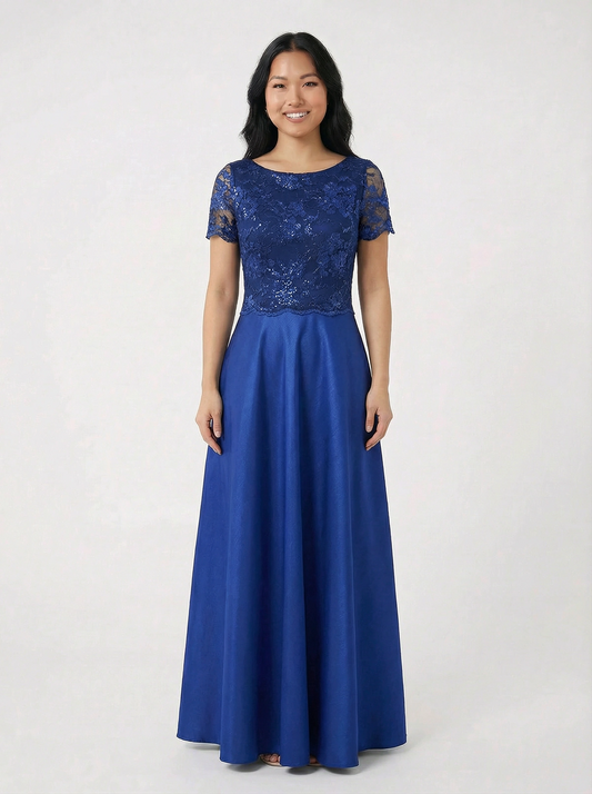 Royal Blue Lace Shantung Silk Long Evening Dress
