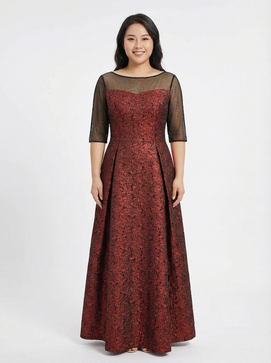 Maroon Brocade Black Mesh Long Evening Gown