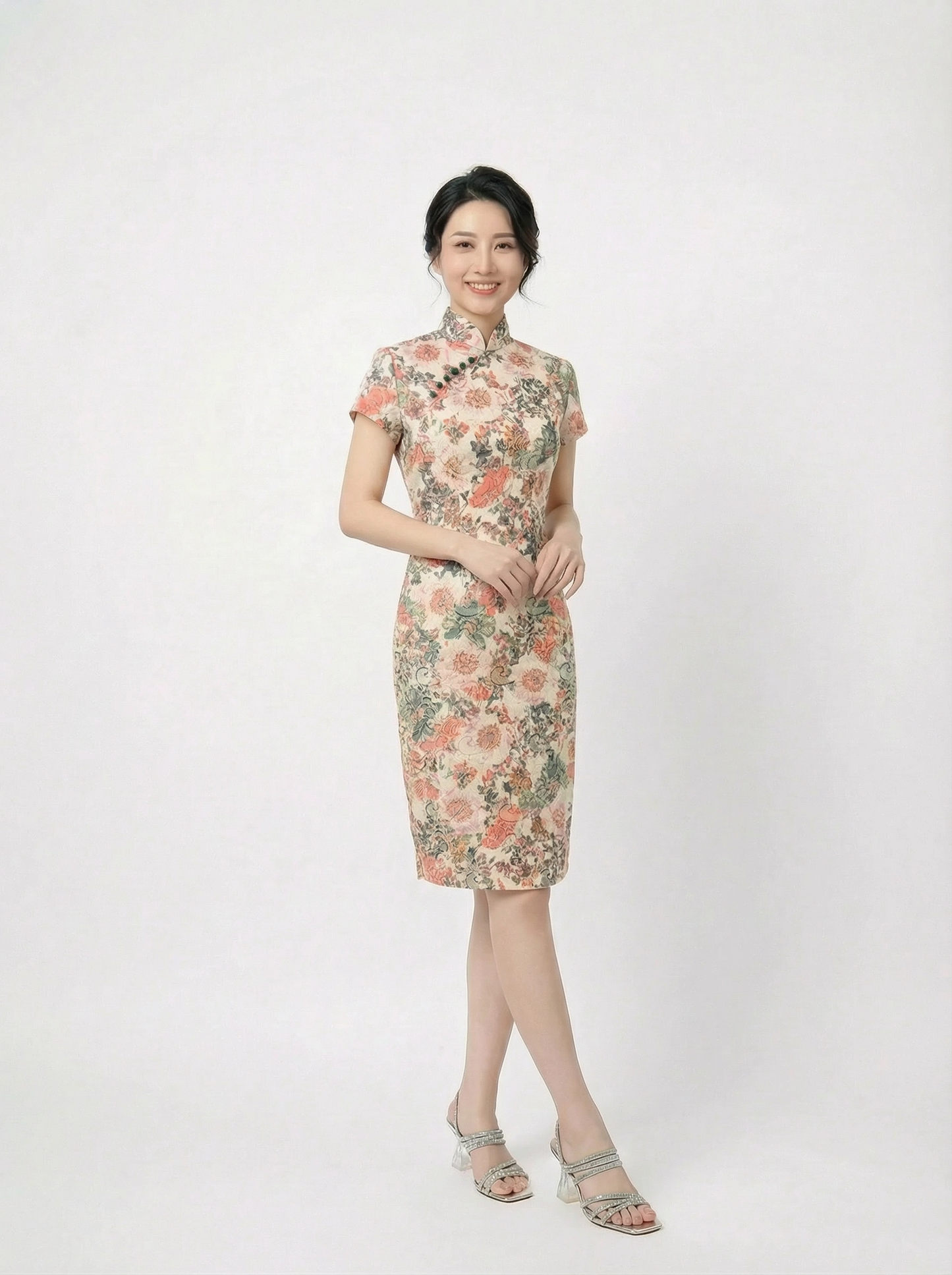 Off White Floral Linen Cotton Cocktail Qipao