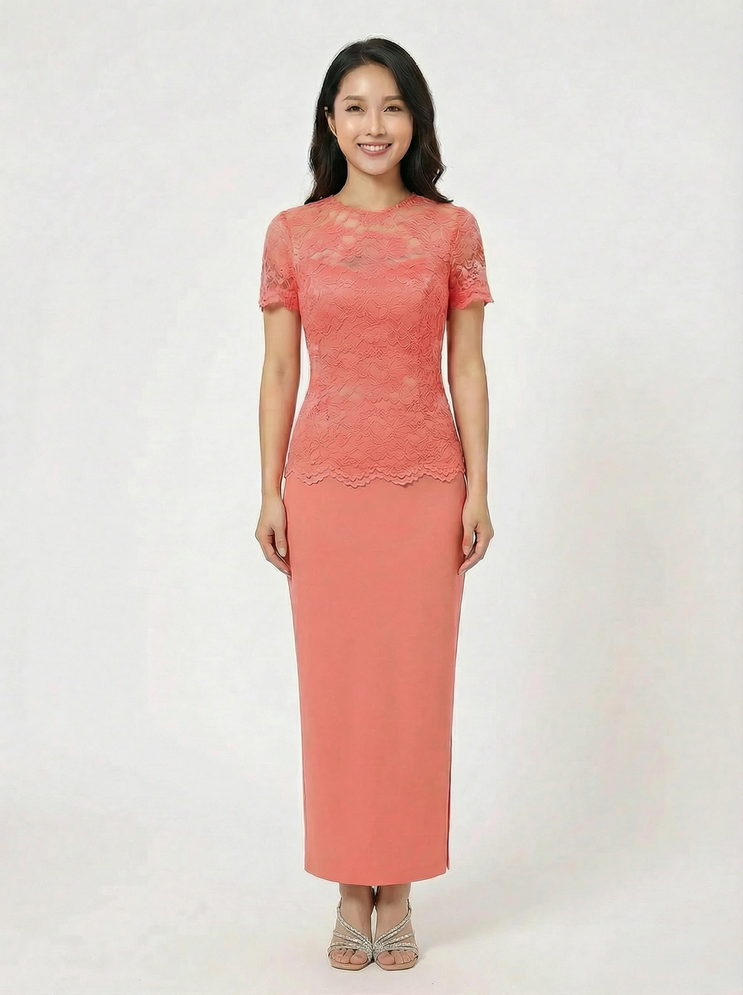 Salmon Pink Lace Jewel neck See Through bodice on Shantung Satin