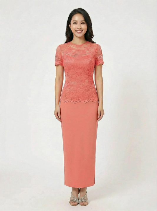 Salmon Pink Lace Jewel neck See Through bodice on Shantung Satin