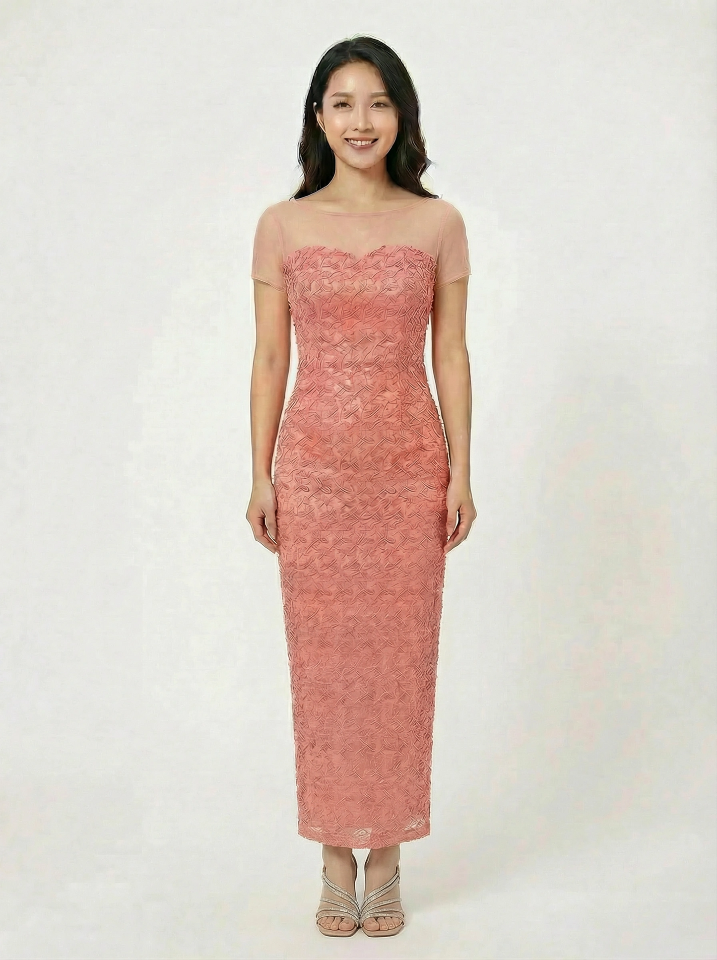 Salmon Embroidery Sequin See Through with Mesh Boatneck Long Gown