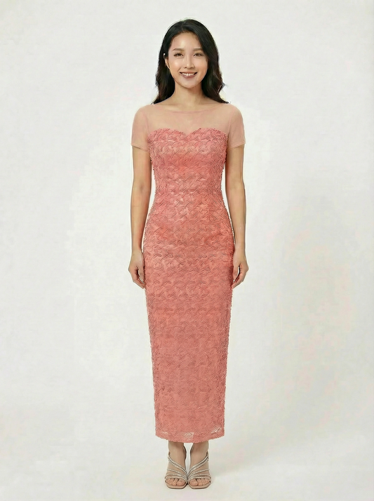 Salmon Embroidery Sequin See Through with Mesh Boatneck Long Gown
