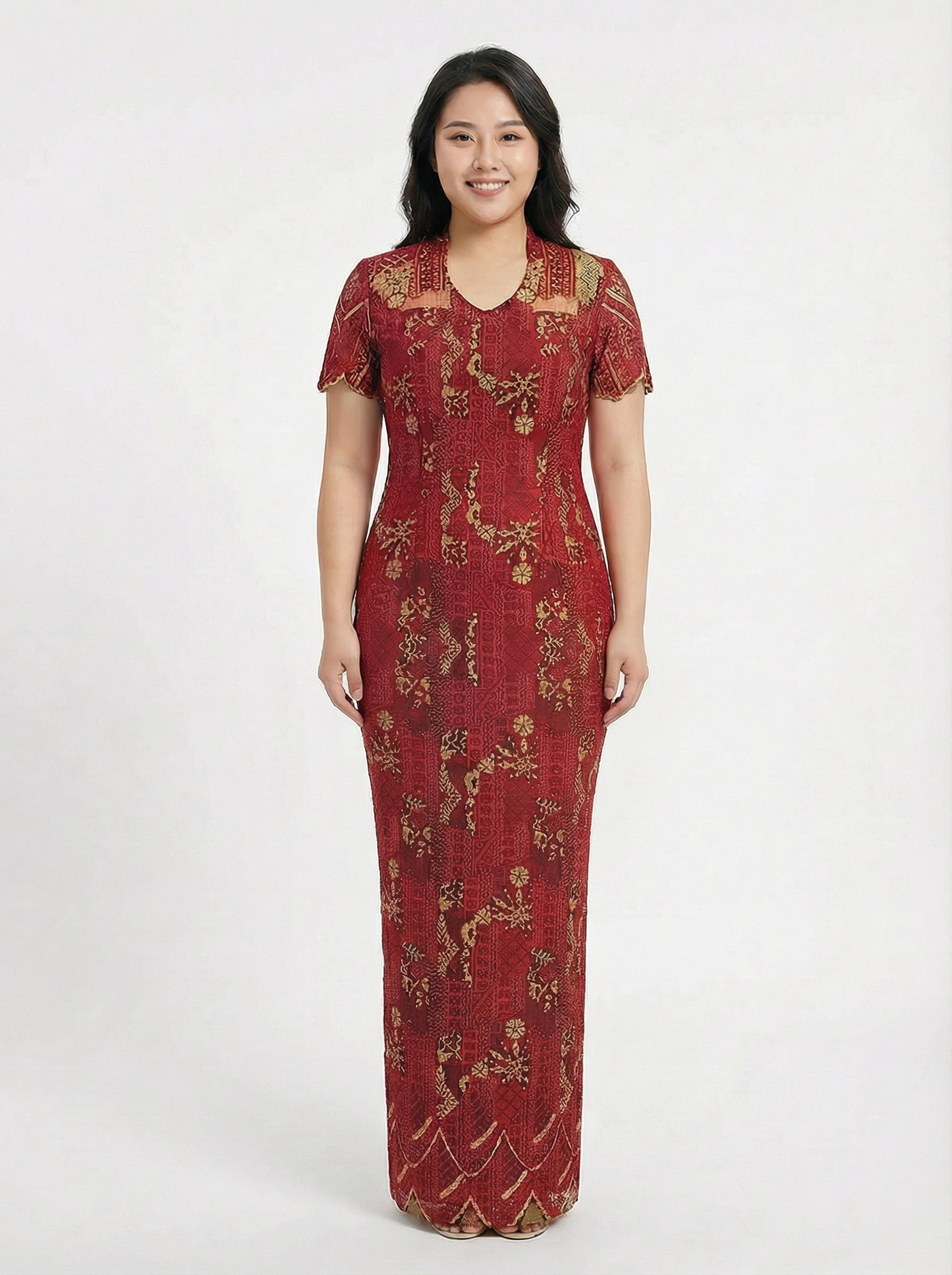 Maroon Gold Lace Queen Anne Collar Mother's Gown