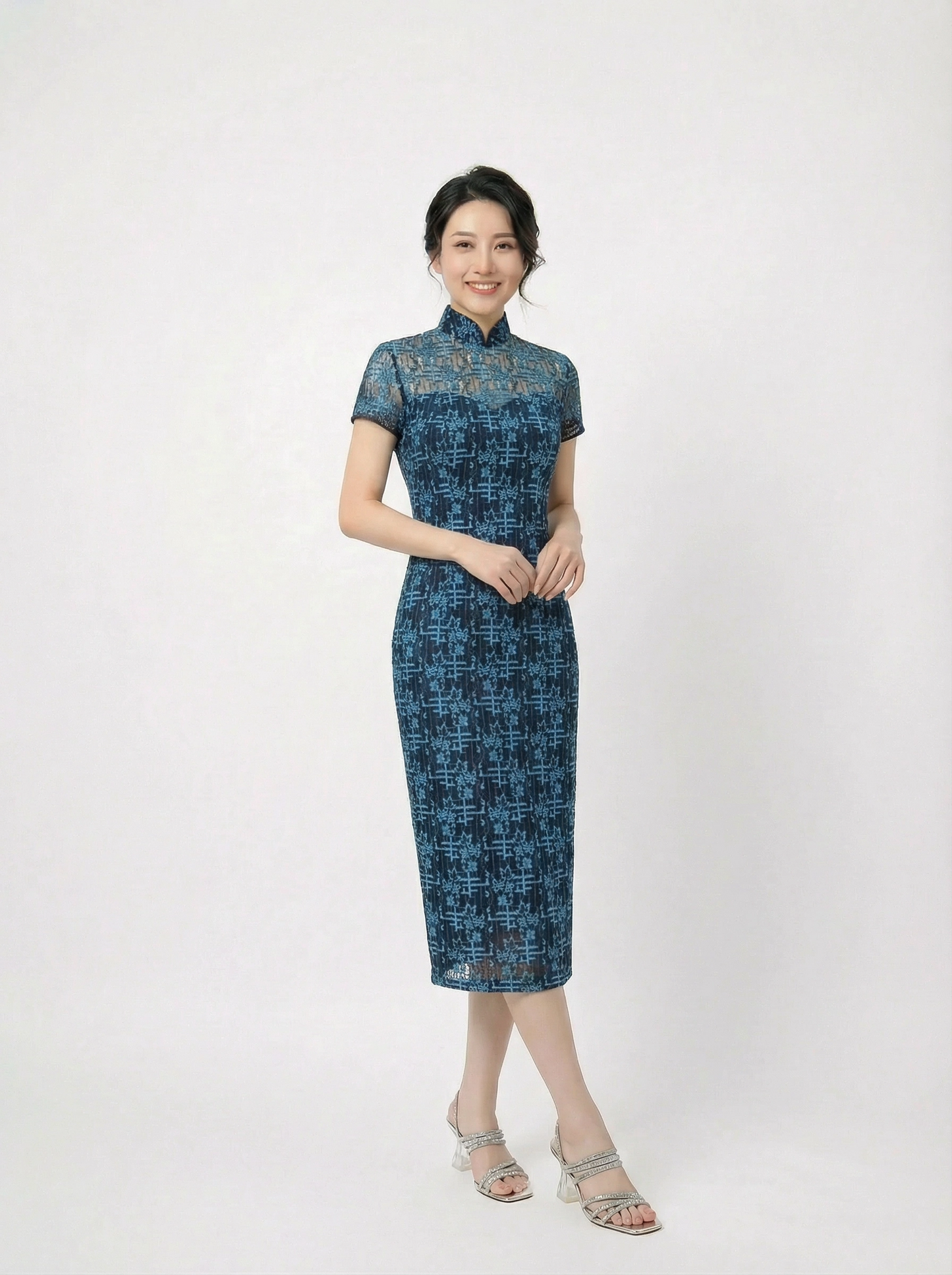 Teal Bonded Lace Abstract Midi Cheongsam with See-through Neckline