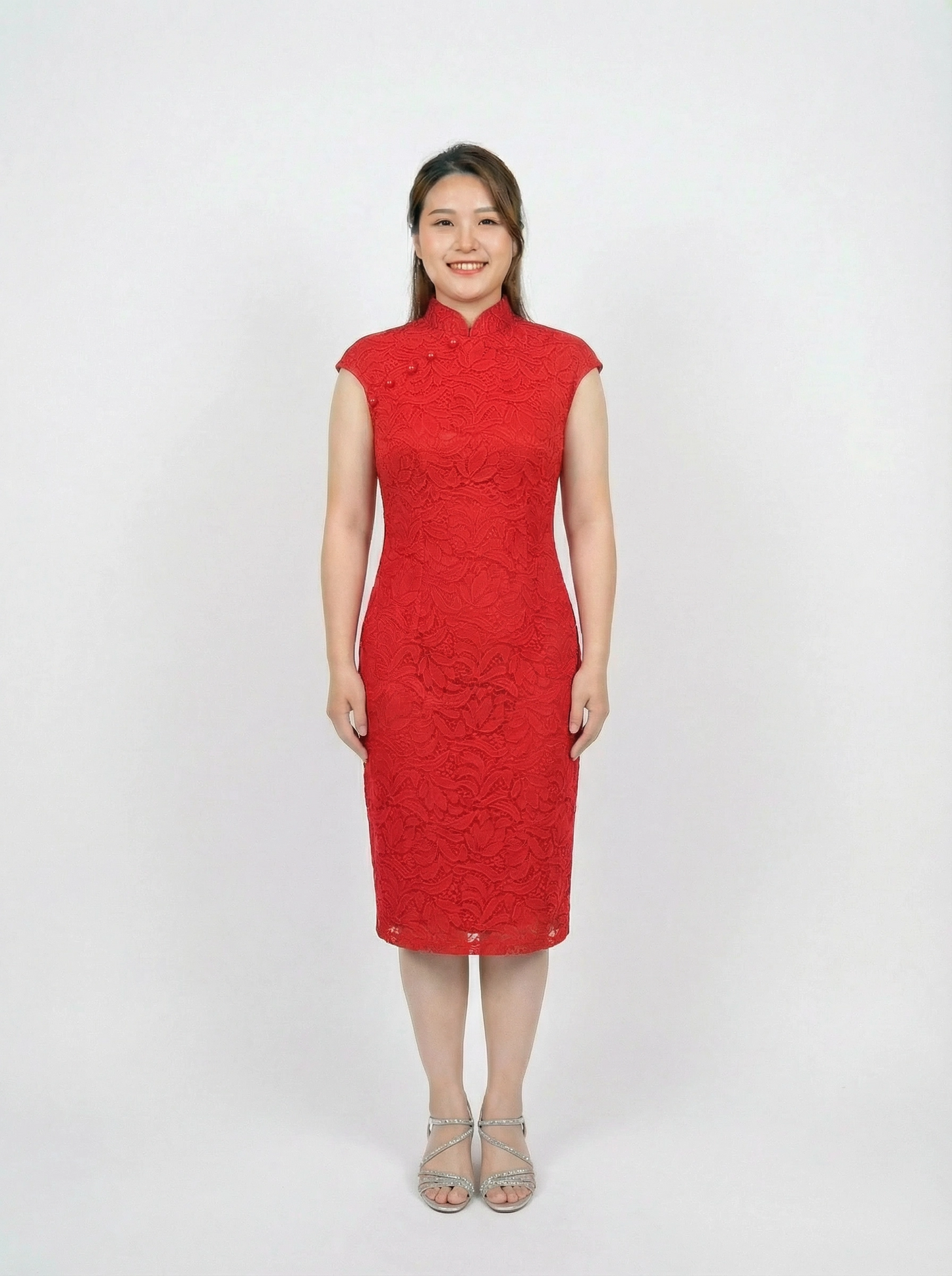 Red Stretchable Lace Cap sleeve with buttons Cocktail Qipao