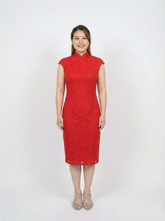 Red Stretchable Lace Cap sleeve with buttons Cocktail Qipao