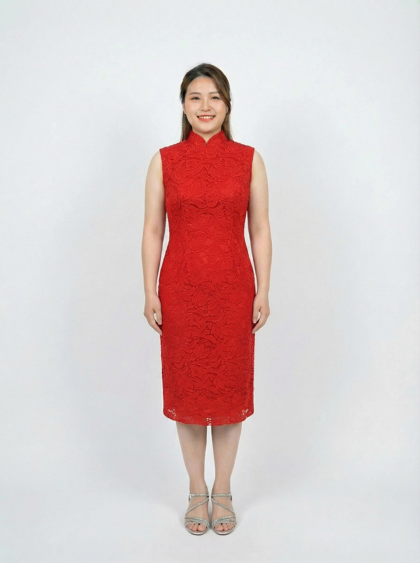 Red Stretchable Lace Sleeveless Cocktail Qipao