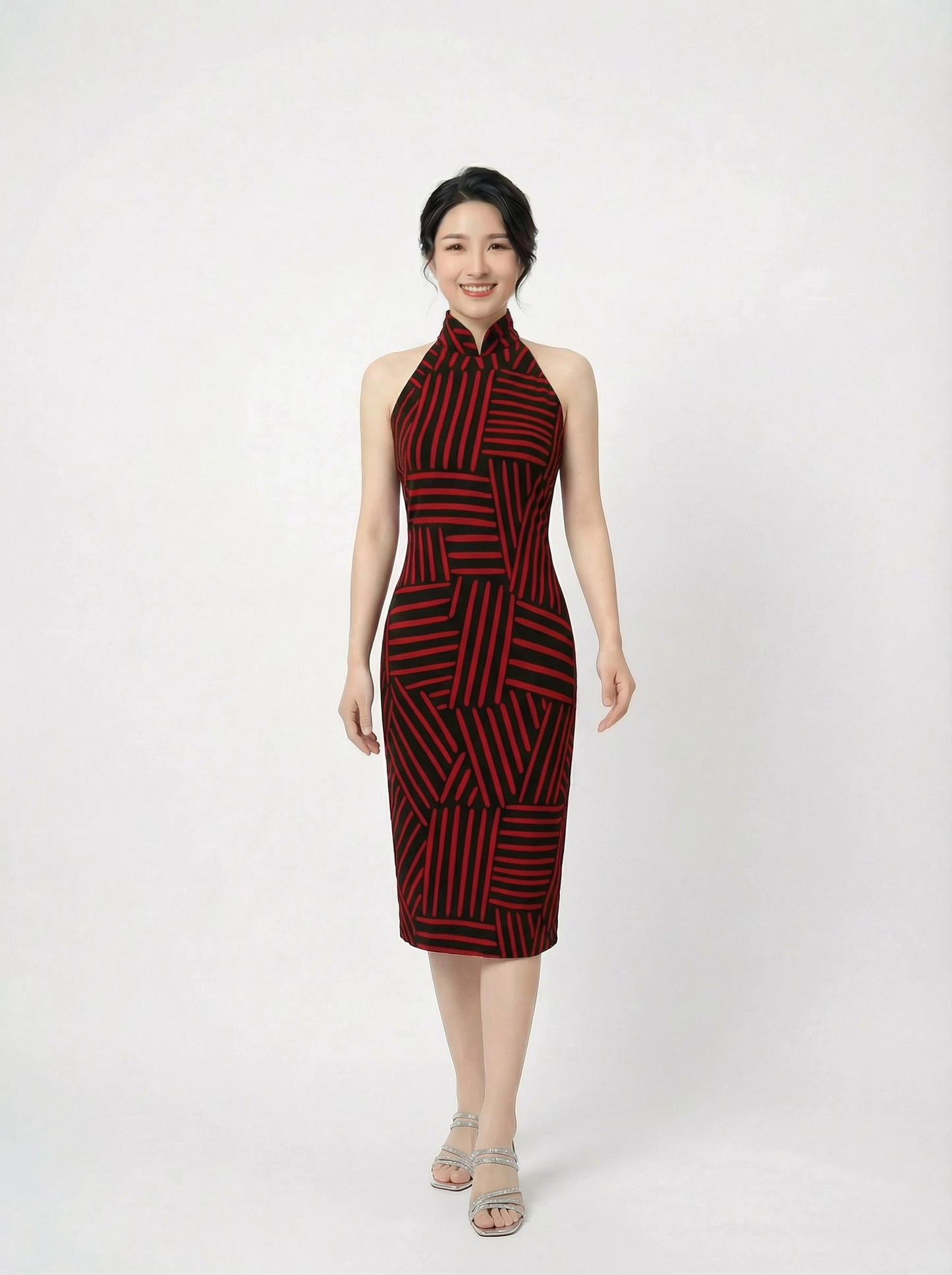 Black and Red Striped Backless Cocktail Cheongsam