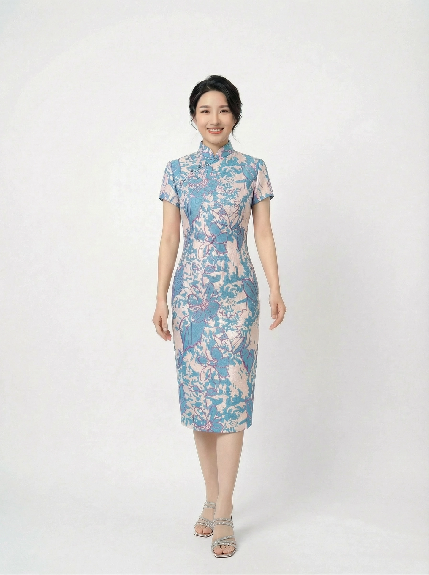 Blue & Peach Metallic Brocade Cocktail Cheongsam with Short Sleeves and Pearl Buttons