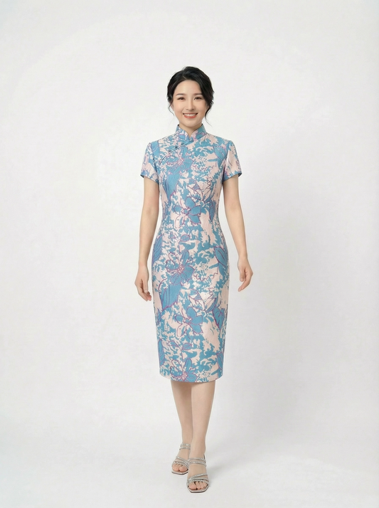 Blue & Peach Metallic Brocade Cocktail Cheongsam with Short Sleeves and Pearl Buttons