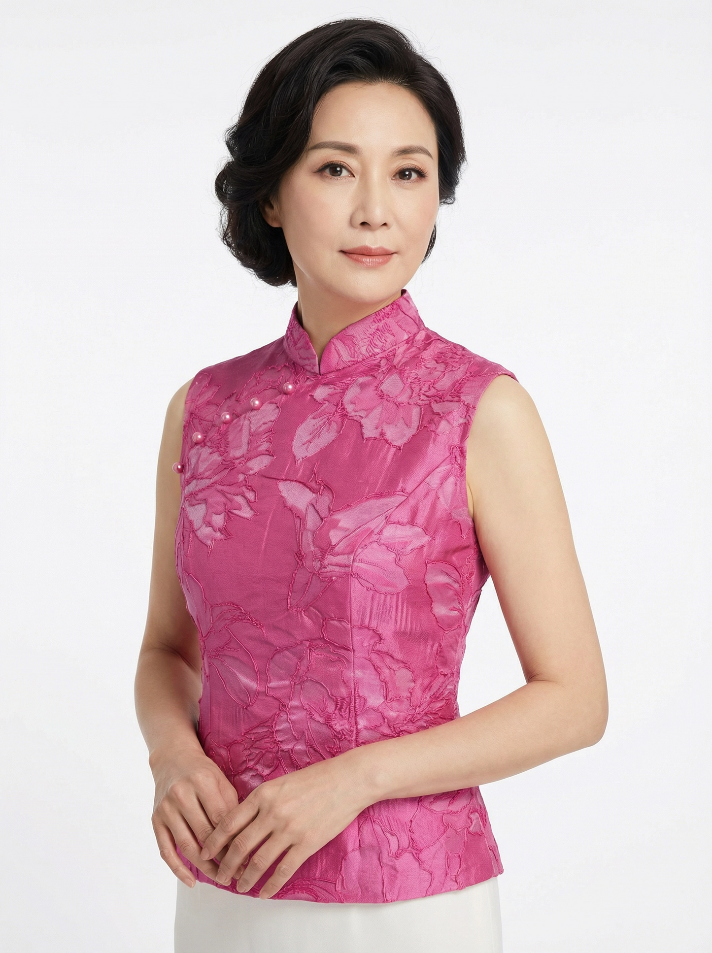 Fushia Pink Brocade w Buttons Qi Pao Top