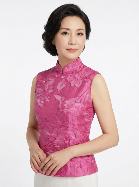 Fushia Pink Brocade w Buttons Qi Pao Top