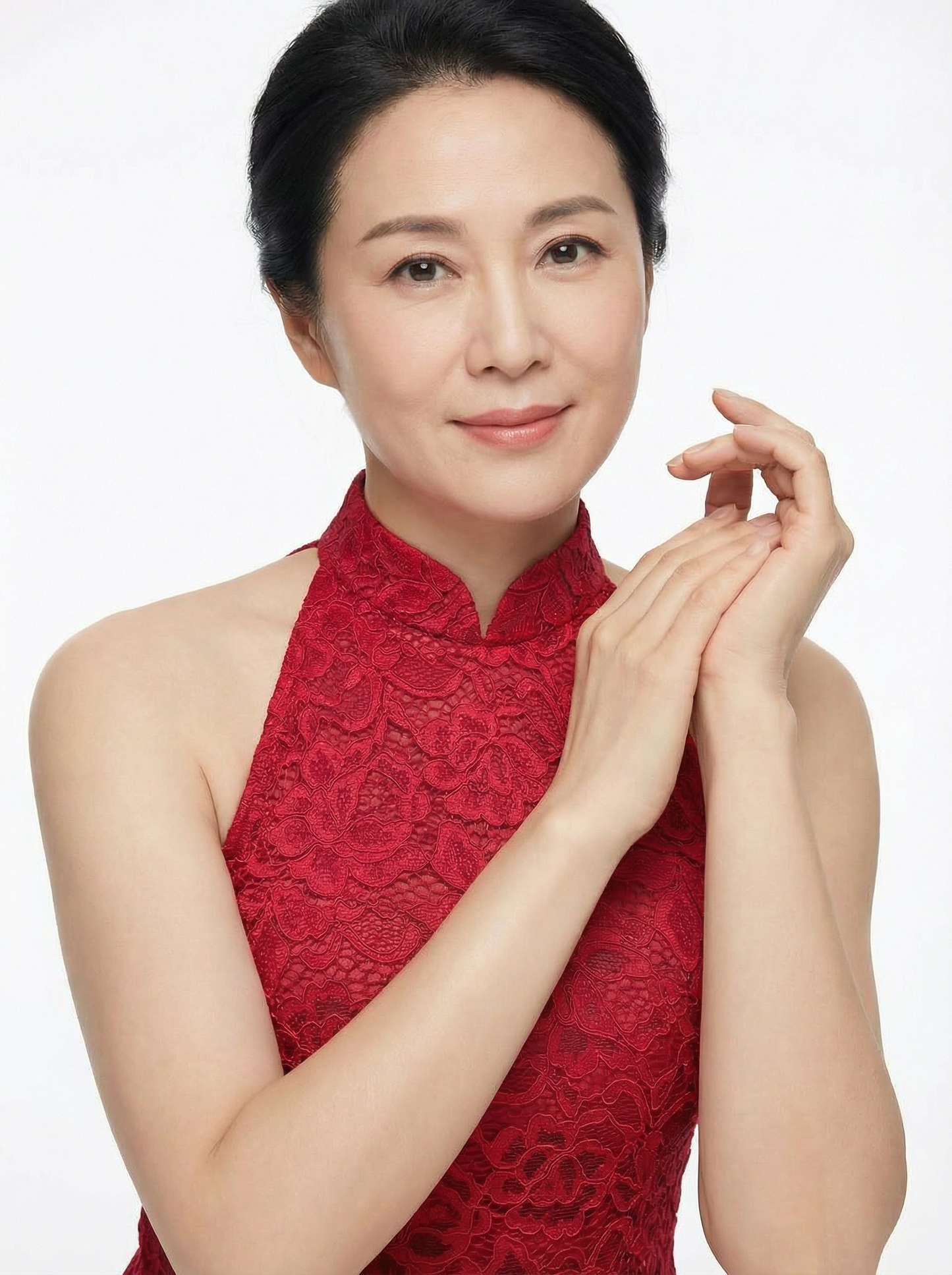 Red Knit Lace Cut in Qi Pao Top