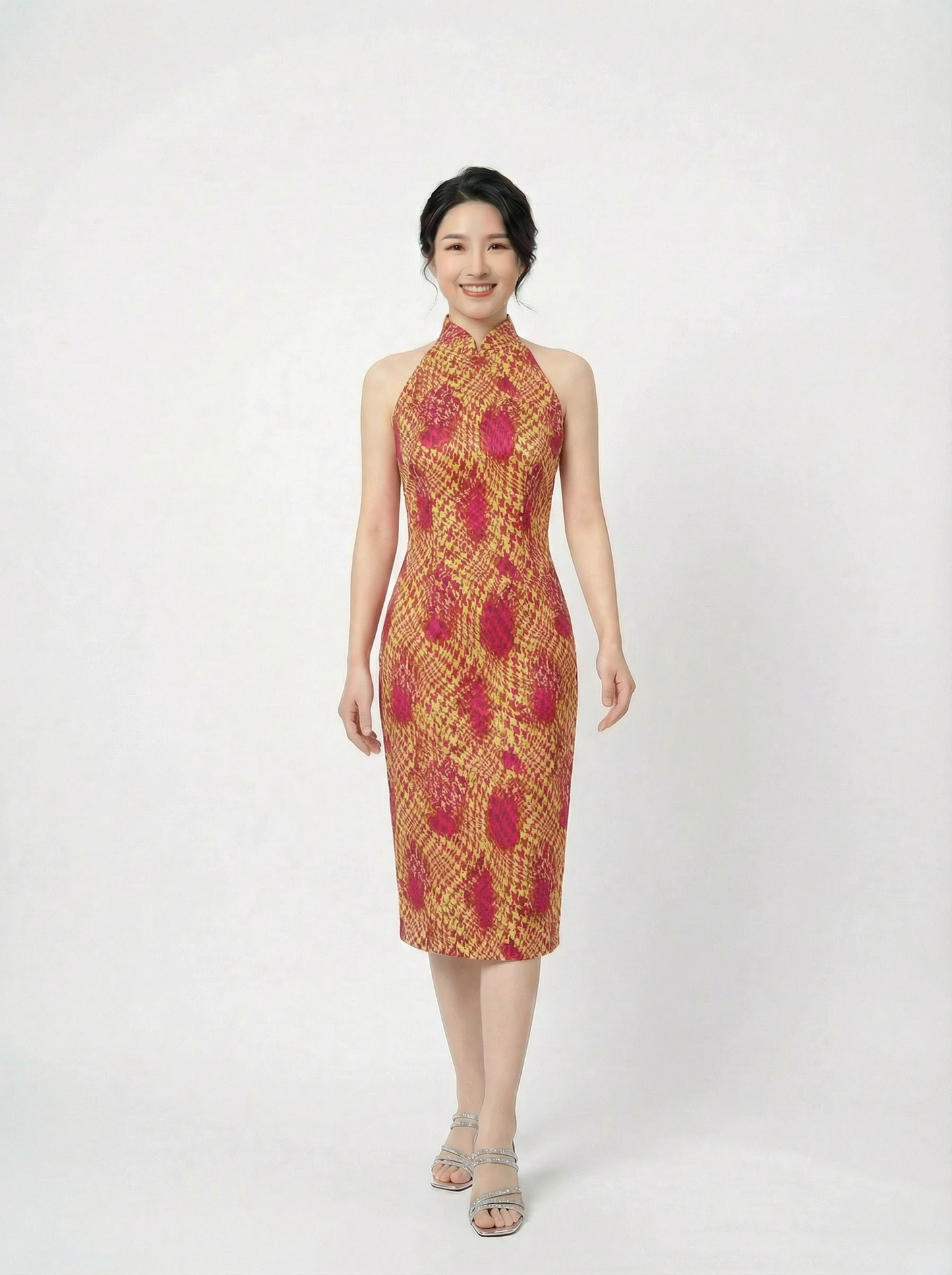 Yellow and Fuchsia Abstract Cotton Cut in Cocktail Qipao