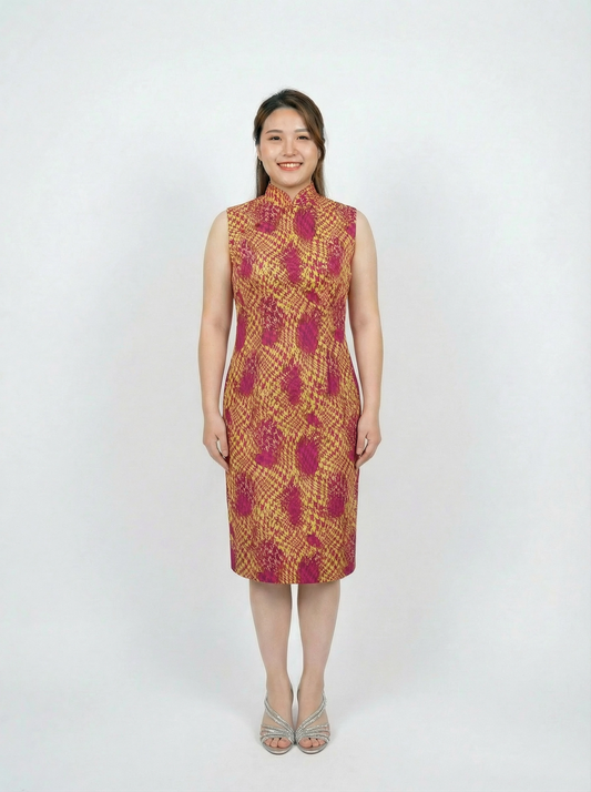 Yellow and Fuchsia Abstract Cotton Sleeveless with Buttons Cocktail Qipao