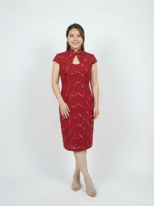 Red Embroidery Linen with Keyhole Cocktail Qipao