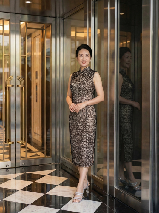 Black & Beige Bonded Lace Cocktail Cheongsam with Pearl Buttons