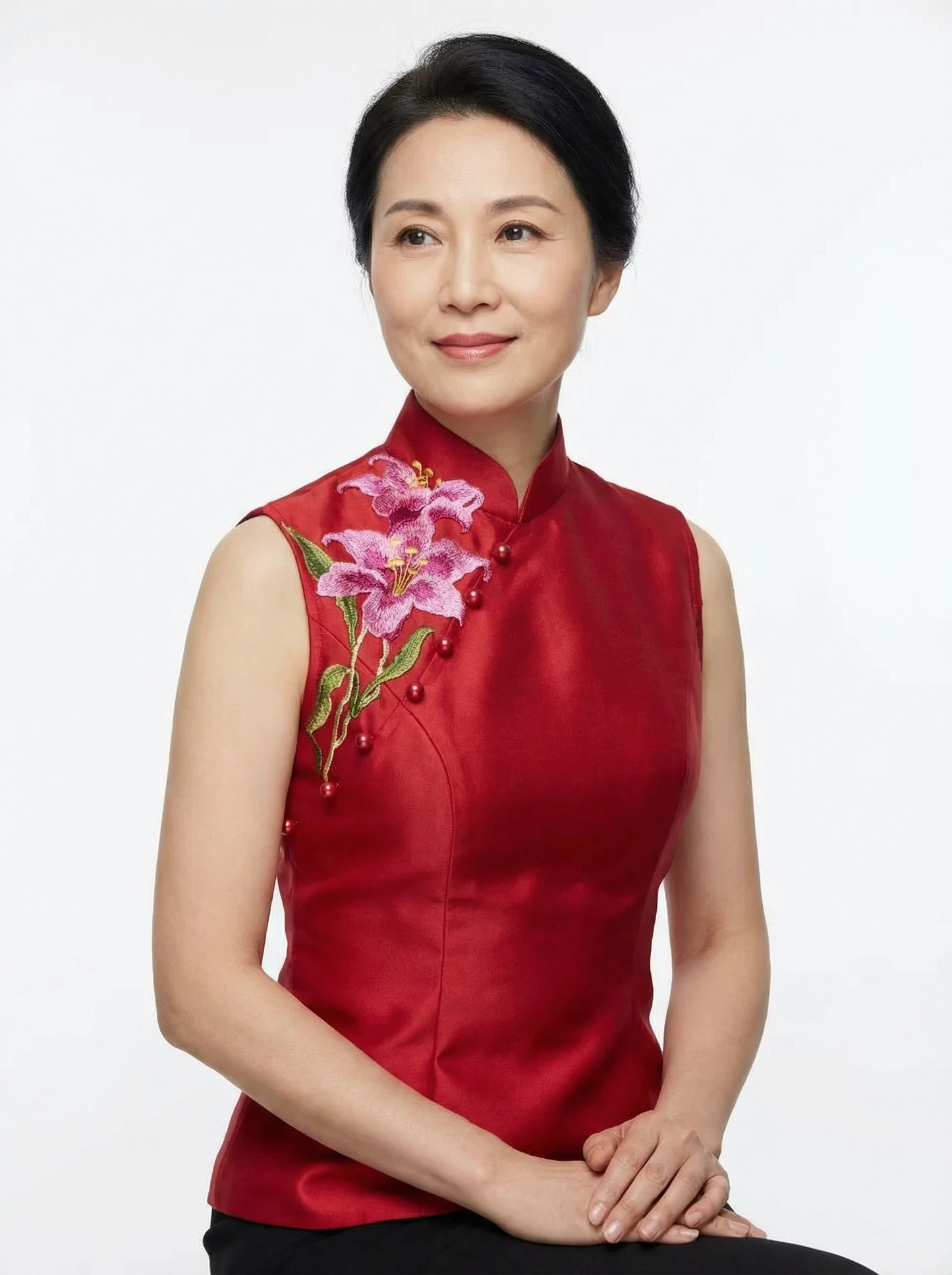 Red Duchess Satin Sleeveless w Buttons Twos Side Slit Qi Pao Top