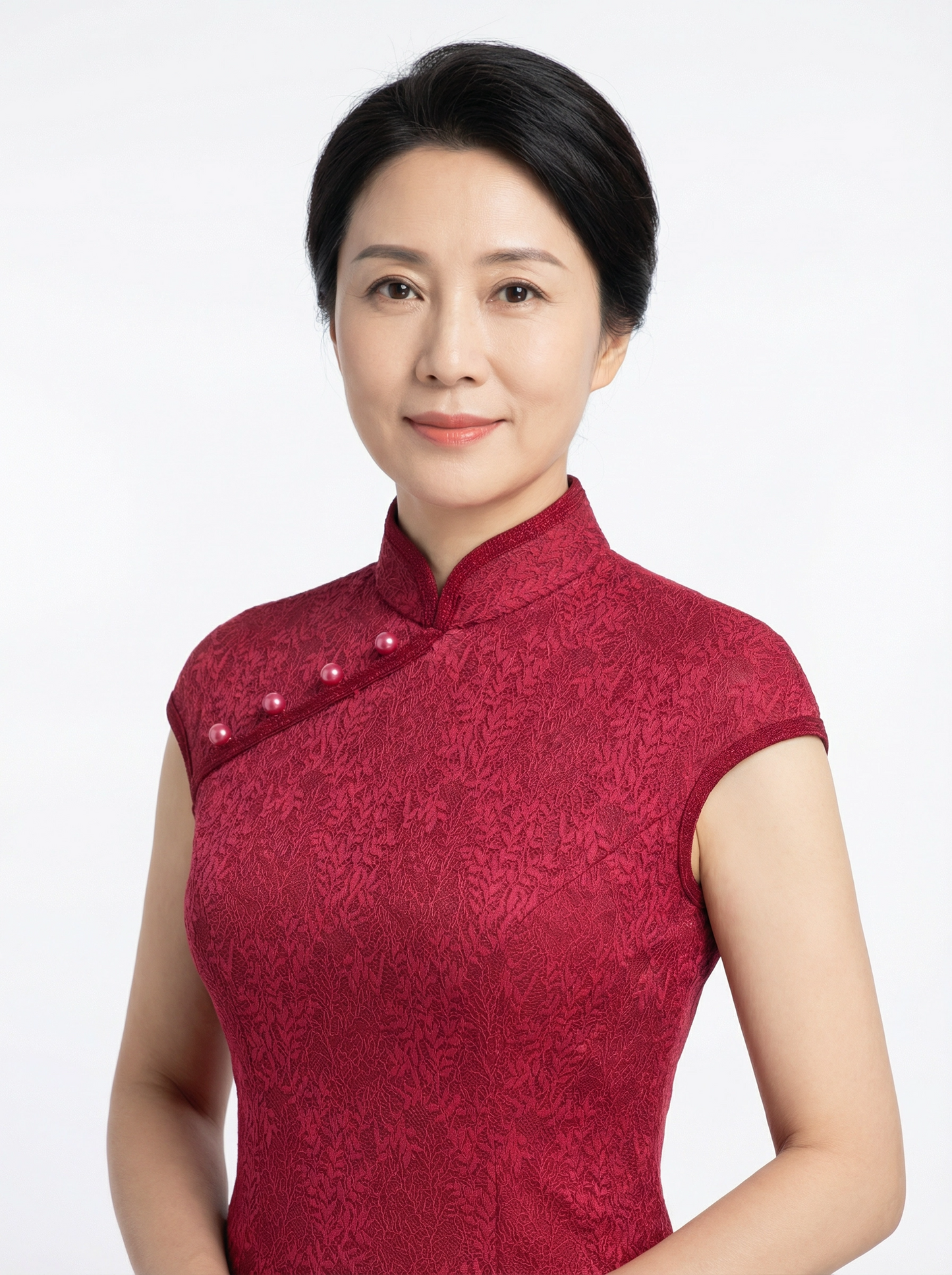 Dark Red Bonded Lace Cap Sleeve with Button Qi Pao Top