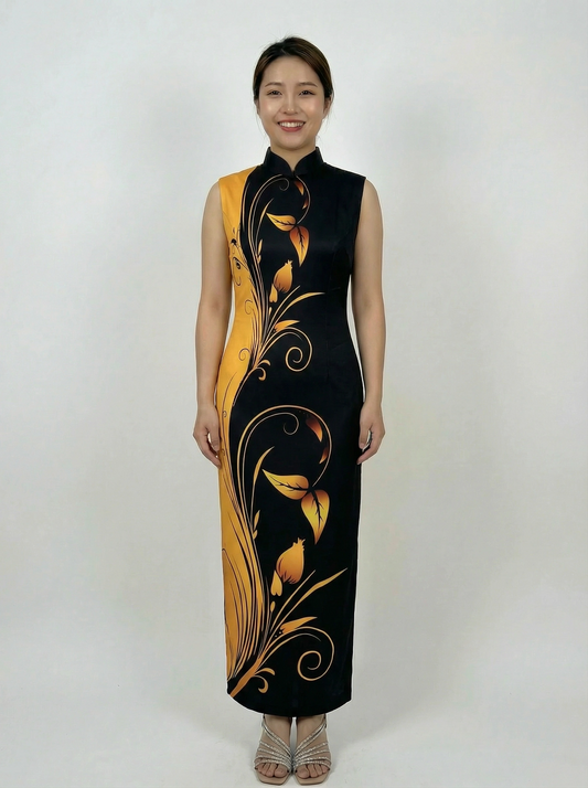 Yellow Black Border Georgette Long QiPao