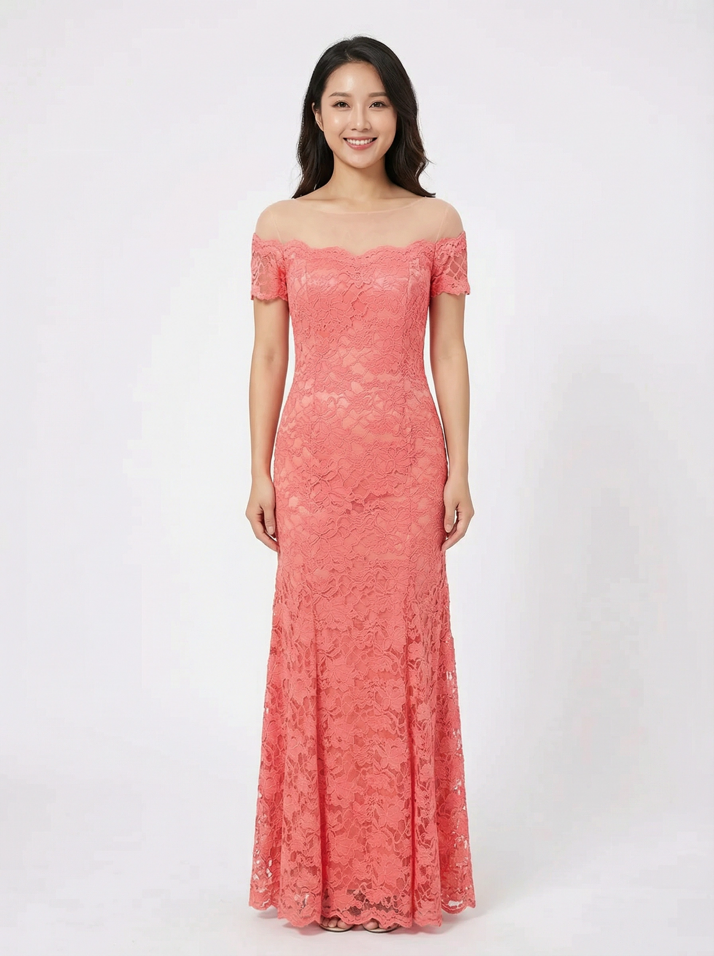 Salmon Lace See-Through Illusion Off Shoulder Mermaid Gown