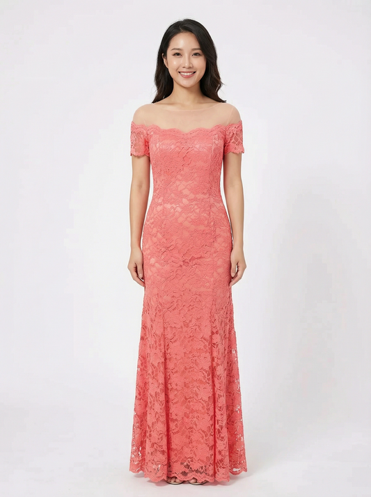 Salmon Lace See-Through Illusion Off Shoulder Mermaid Gown