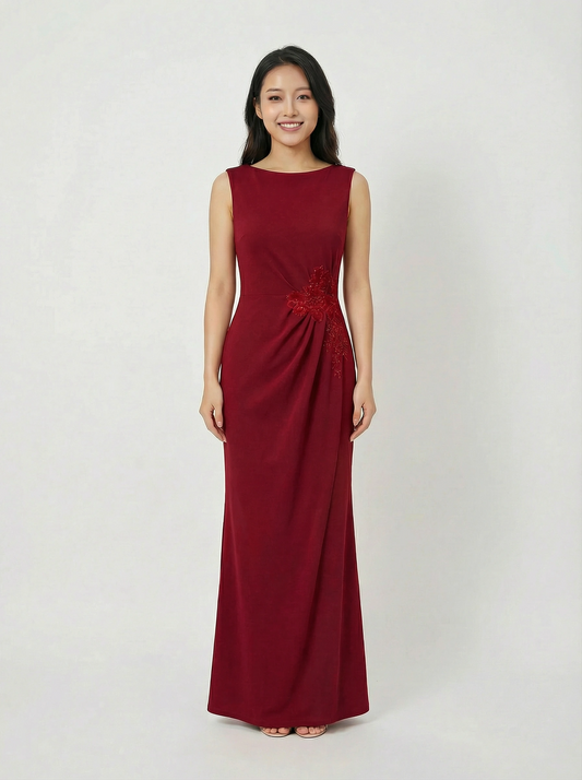 Wine Modal with Applique Slim Fit Long Evening Dress